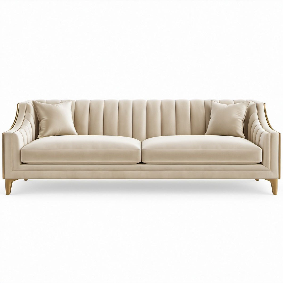 Sofá Reto de 3 Lugares em Couro Sintético PU Bege com Pernas Douradas, 220 x 90 x 85 cm