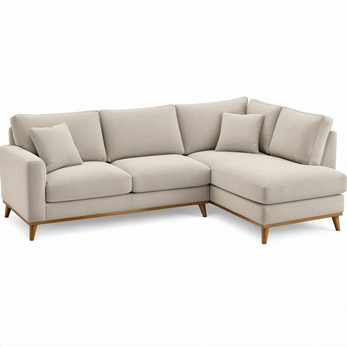 Sofá de canto com chaise longue à direita, bege e castanho, em poliéster e madeira maciça, 270 x 160 x 85 cm
