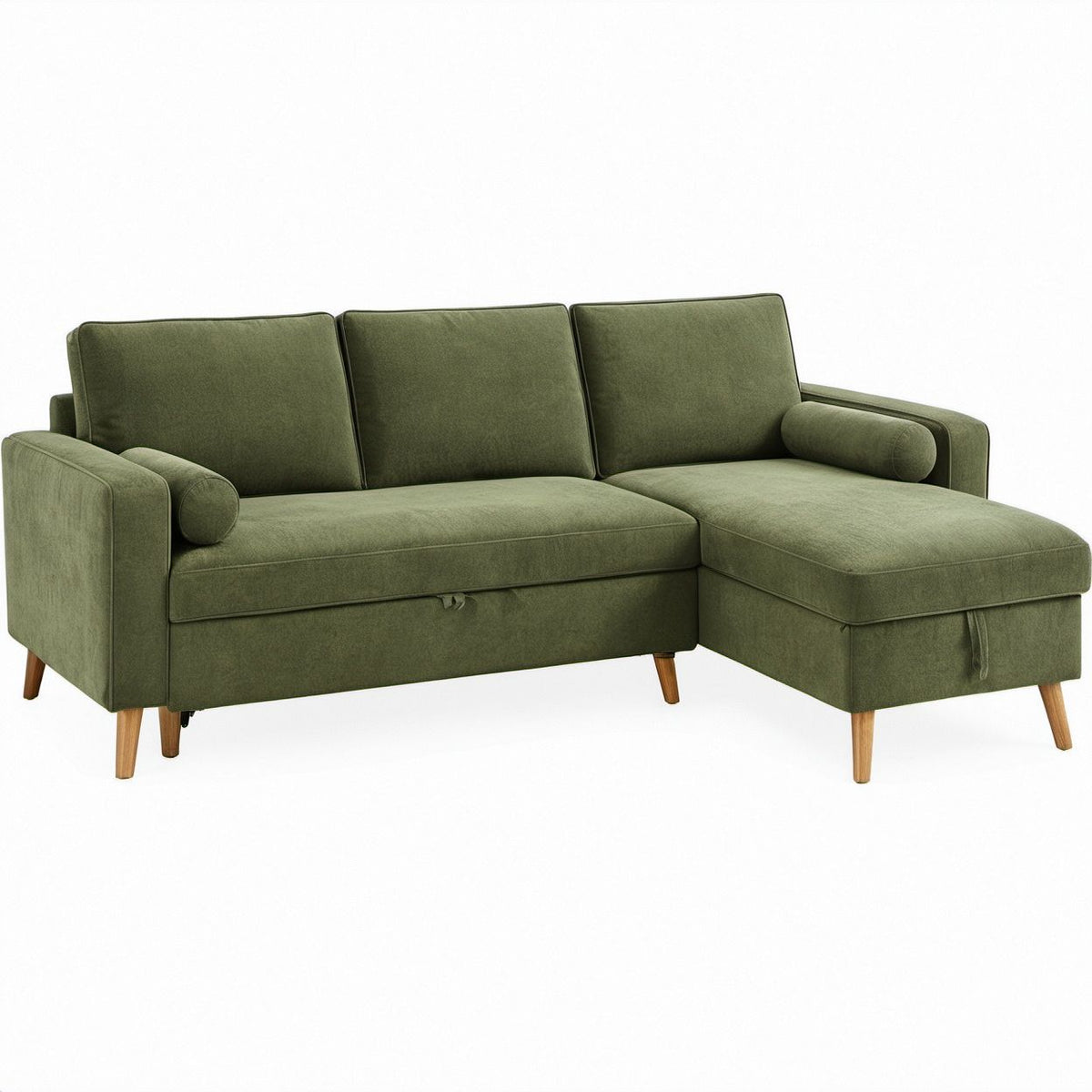 Sofá-cama de canto em L verde-azeitona com chaise longue à direita, veludo de poliéster, 230 x 151 x 85 cm