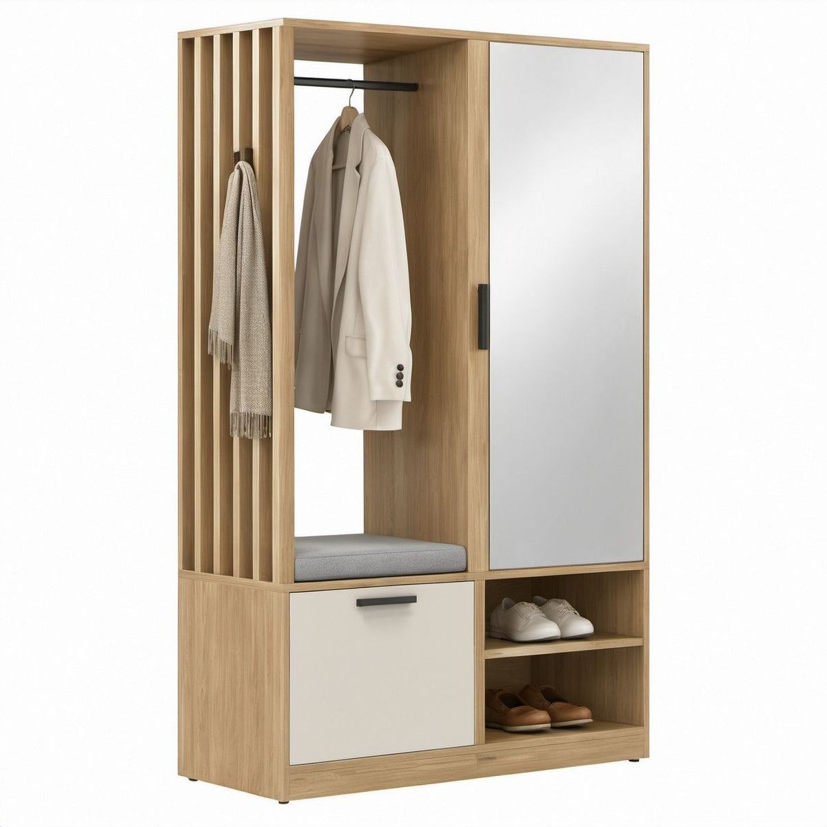Móvel de Entrada em MDF Carvalho Claro e Branco com Cabideiro, Banco e Prateleiras 100 x 40 x 180 cm