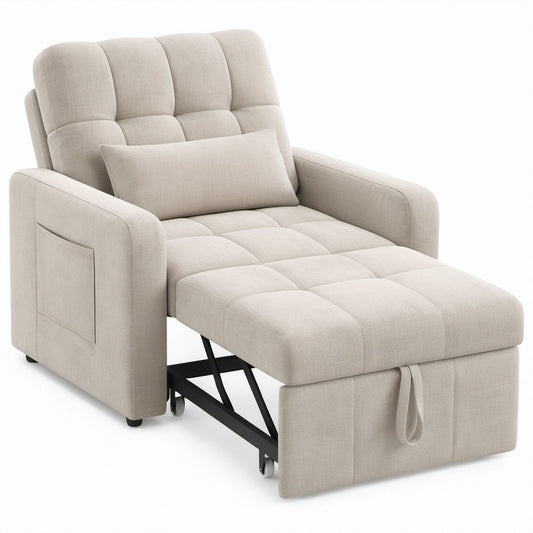 Poltrona-cama extensível em poliéster bege, 95 x 93 x 102 cm, aberta 95 x 190 cm