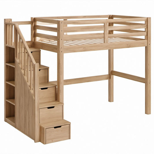 Cama Alta Infantil em Pinho Maciço Natural 90 x 200 cm com Escada de Arrumação e Estantes