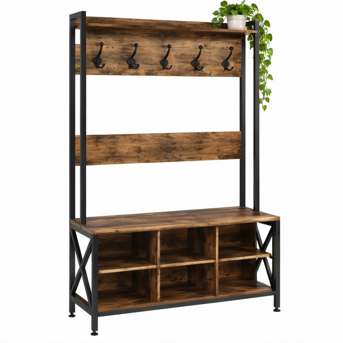 Organizador de Entrada Industrial com Assento, 5 Ganchos e 6 Compartimentos 100 x 40 x 180 cm Castanho Rústico/Preto