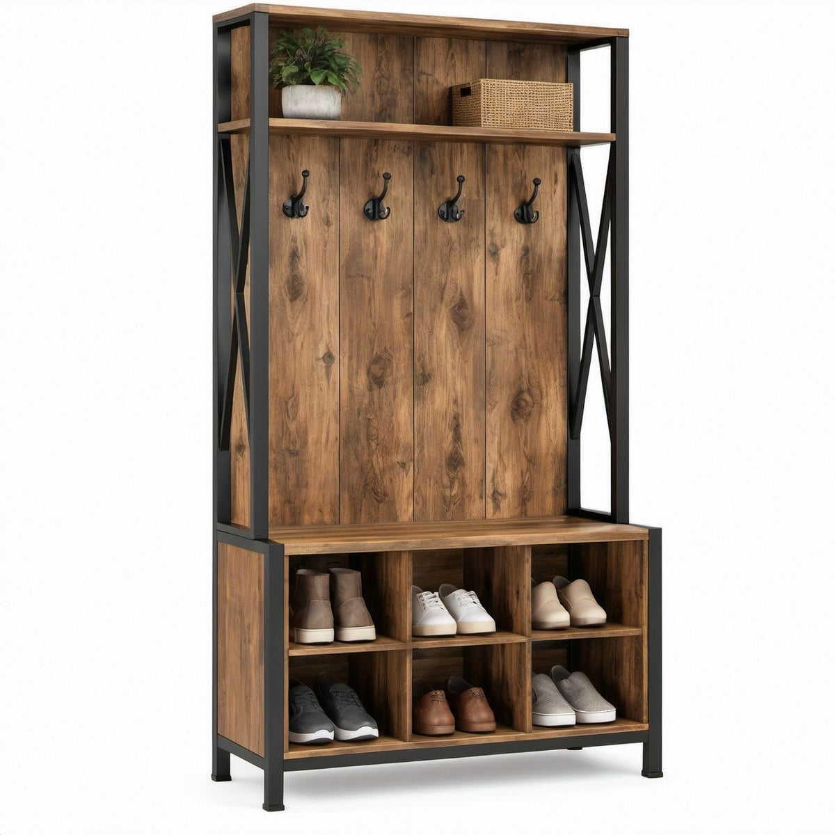 Organizador de Entrada Castanho e Preto em Aglomerado de Partículas e Aço, 100 x 35 x 180 cm