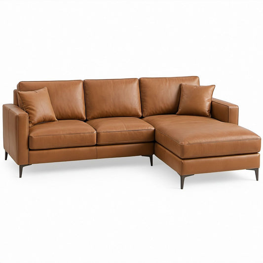 Sofá de Canto em L de 3 Lugares em Couro Sintético PU Castanho com Pés Pretos, 260 x 160 x 85 cm