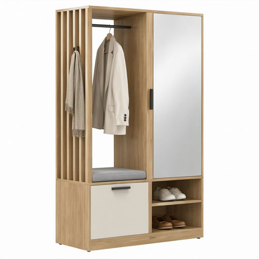 Móvel de Entrada em MDF Carvalho Claro e Branco com Cabideiro, Banco e Prateleiras 100 x 40 x 180 cm